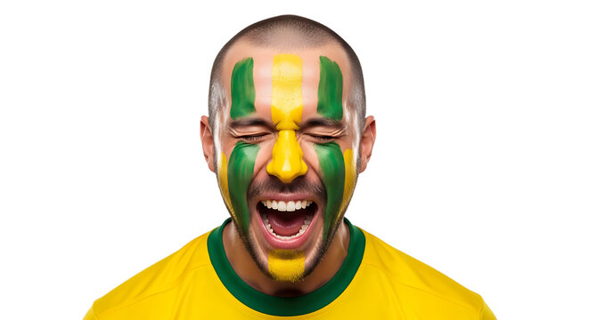 A bald man with green and yellow face paint screams intensely. 2026 soccer world championship. Transparent background
