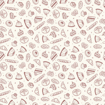 Fun hand drawn bakery seamless pattern with cute cake and bread doodles, great for print, fabrics, wallpapers - vector design