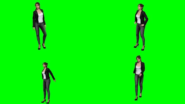 businesswoman avatar is walking dancing standing and talking on green screen chromakey background for 3D animated cartoonnimation. Ideal for custom video project and multimedia works.