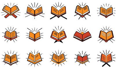 Open Book Icon Overlay Collection with Stylized Sacred Text Designs, Illuminated Rays, and Ornamental Stands in Orange and Red Colors