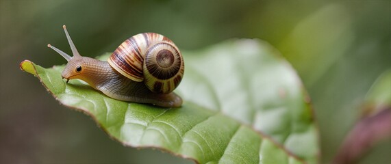 A snail on leaf, slow, detailed, spring, close-up