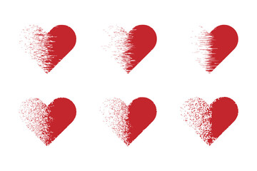 Abstract Fading Heart Overlay Collection with Red Love Symbols in Line and Particle Dispersion Effects for Emotional Artistic Design Themes