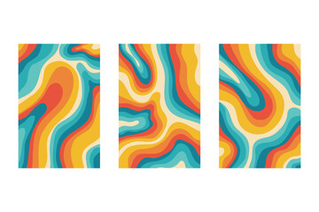 Abstract Psychedelic Topographic Wave Panel Overlay Collection with Colorful Layered Contours in Teal, Orange, Red, Yellow, and Cream
