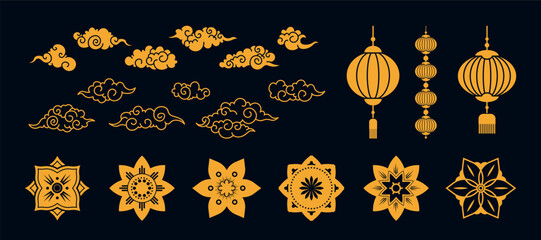 Asian Decorative Motif Overlay Collection with Golden Cloud Patterns, Hanging Lanterns, and Floral Geometric Designs on Dark Background