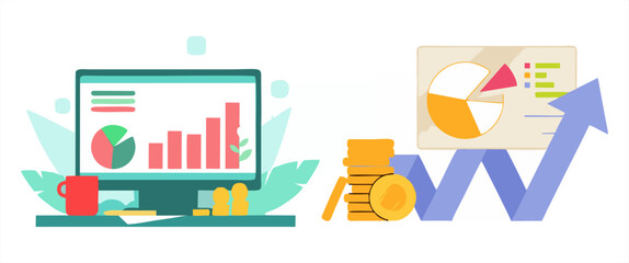 Obraz premium Business data analysis concept with computer monitor, financial charts, gold coins, and growth arrow