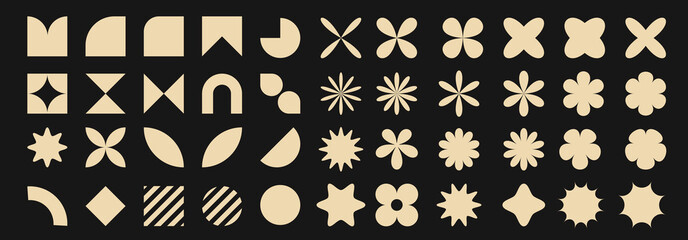 Abstract Geometric Floral Motif Overlay Collection with 48 Beige Shapes Featuring Symmetrical Petals, Stars, and Curved Segments on Black Background
