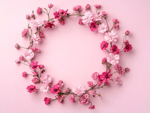 Circle shape made from pink kwanzan cherry blossoms in spring on pastel pink background