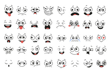 Cartoon Facial Expression Overlay Collection with 40 Line Art Faces Depicting Emotions Including Happiness, Sadness, Anger, Surprise, Love, and Exhaustion