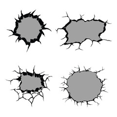 Broken Wall Crack Overlay Collection with Jagged Holes, Circular Fractures, and Impact Damage Patterns in Black and Gray Vector