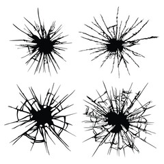Shattered Glass Impact Overlay Collection with Cracked Patterns, Jagged Fractures, and Chaotic Break Designs in Black Silhouette on White Background