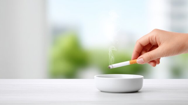 Hand holding a cigarette with smoke rising above it, positioned over a white ashtray on a light wooden table, with a blurred green background suggesting an outdoor setting