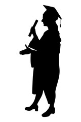 Silhouette of graduate student in graduation cap with diploma, extending his hand for handshake. Vector illustration.