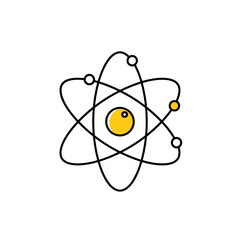 Atom illustration with yellow nucleus and electrons in modern style  
