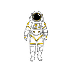 Astronaut in spacesuit standing with black visor on white background  