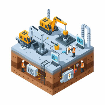 Isometric Construction Site with Excavators and Workers.