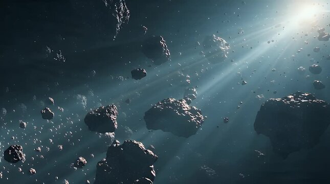 Asteroid Field Floating in Deep Space Cinematic Video.