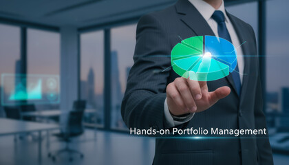 financial capital optimization. Businessman interacting with a virtual pie chart in a modern office setting for portfolio management.