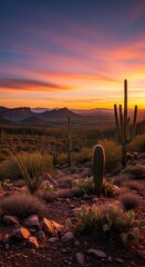 Desert Dusk: Saguaro Silhouettes Against a Fiery Sky