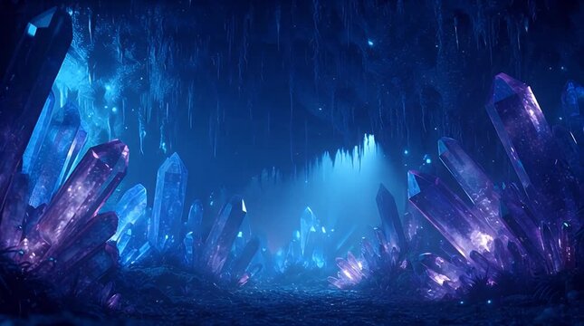 Magical Glowing Blue Crystal Cave Interior Video.