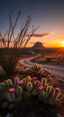 Desert Bloom Sunrise: Winding Road to the Mesa