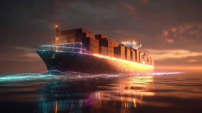 Futuristic autonomous container ship slicing neon ocean at sunset holographic data links span water smart logistics global trade cinematic ultra detailed 3D render 