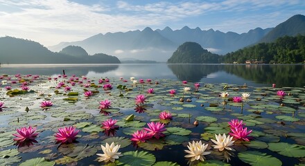 Serene Lake: Lily Pads & Distant Peaks at Dawn