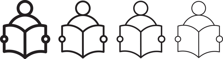 Person reading book vector icon set. learning, learn. Read book symbol on white background