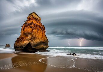 Coastal Storm's Fury: Sandstone Cliffs and Lightning Display