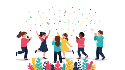 Fototapeta premium Group of happy and diverse children celebrate together under falling colorful confetti, dancing and cheering during a fun festive occasion or party.