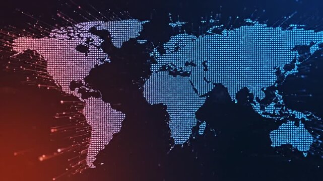 Digital World Map with Futuristic Global Network Visualization on Dark Gradient Background. Abstract background with world map annd light effects. 
