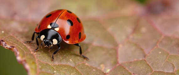 Fototapeta premium A ladybug on leaf, tiny, red, natural