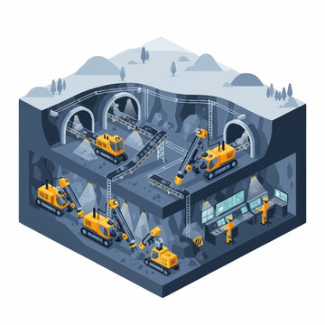 Isometric underground mine with heavy machinery and workers.