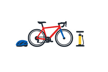 Obraz premium A flat vector illustration featuring a red road bicycle, a blue cycling helmet, and a yellow floor pump on a black background. The design represents sports and outdoor activity.