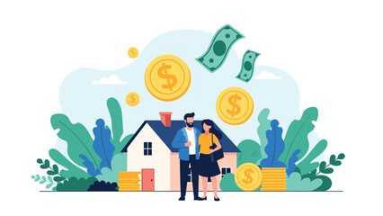 Happy couple stands in front of their dream house while large gold coins and green banknotes float in the air, representing real estate investment. © Kamrul