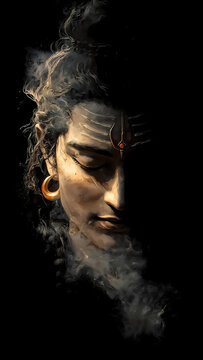 Lord Shiva Intense Half Face Portrait Emerging from Sacred Smoke with Tripundra and Third Eye, Dark Mystical Mahadev Devotional Art for Maha Shivaratri and Shravan Worship