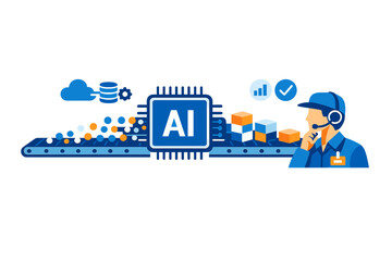 Naklejka premium An illustration of an artificial intelligence processor on a conveyor belt transforming raw data into structured blocks while a technician monitors the automated production process.