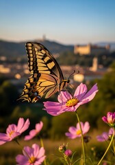 Butterfly's Gentle Landing: Golden Hour on Pink Cosmos