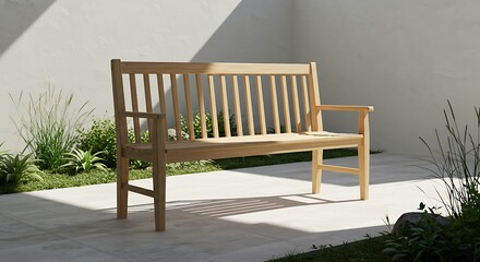 Sun-Drenched Wood: Serene Outdoor Bench, Realistic 3D Render.