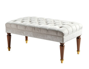 Fototapeta premium Elegant white tufted velvet bench with wooden legs and gold accents