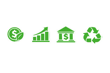 Four green icons representing sustainable finance and environmental growth are displayed on a black background, including a coin with a leaf, a bar chart, a bank, and a recycling symbol.