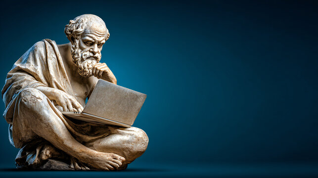 Stone philosopher statue focused on a laptop, symbolizing knowledge, learning, and the fusion of ancient thought with modern technology.