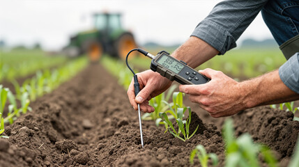 farmer using a digital probe to measure soil conditions between young crops, highlighting modern agriculture practices, field analysis, and sustainable farming methods