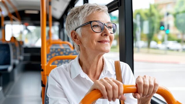 smiling senior woman wearing glasses standing inside a city bus, representing active aging, independence, daily commuting, and modern urban public transportation