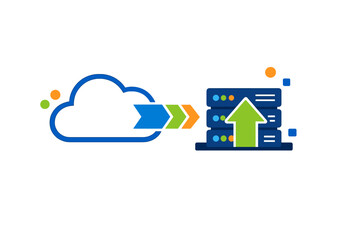 Fototapeta premium A stylized illustration depicting data transfer from a cloud icon to a stack of servers with an upward-pointing arrow, representing cloud storage and digital migration processes.