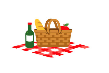 A vector illustration of a woven picnic basket containing a baguette and a red apple, placed on a red checkered blanket alongside a green bottle against a dark background.
