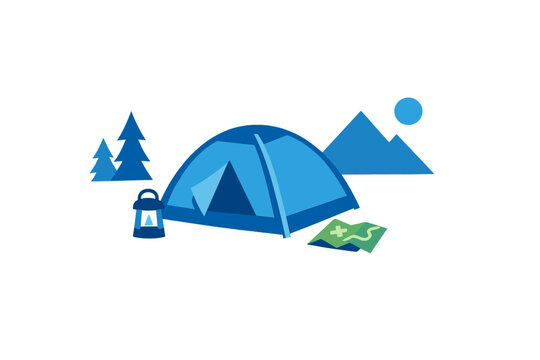 A blue vector illustration of a camping scene featuring a tent, pine trees, a lantern, a map, and mountains under a round sun or moon on a dark background.