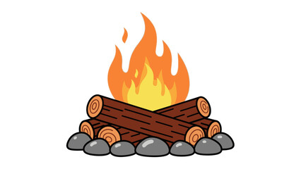 Campfire with Logs and Stones, Outdoor Camping Fire Illustration