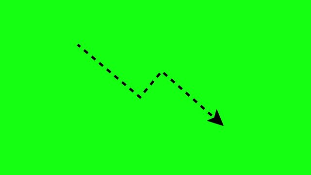 Downward arrow line animation with dotted line, downward arrow chart, economic crisis, green background 4k video
