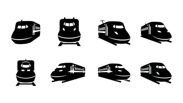 Collection of Black Silhouette Icons: High-Speed Trains in Various Angles