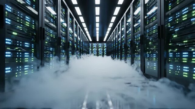Futuristic data center dolly shot with rising fog through server hallway. Digital infrastructure corridor filled with atmospheric mist for technology visualization concept.